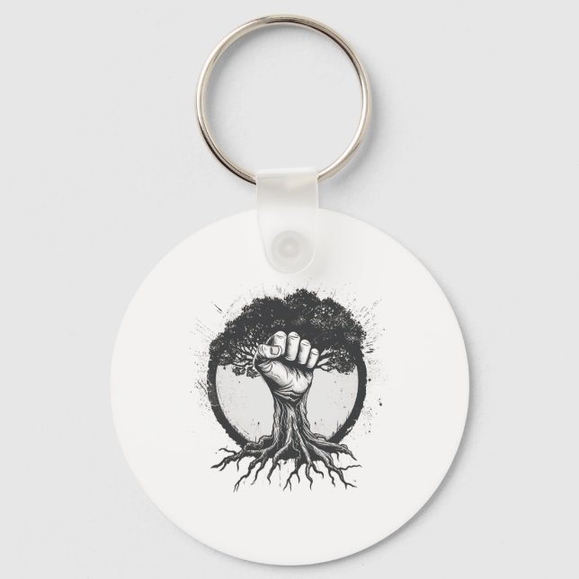 Nature Lover Environmentalist Fist Tree Roots Eart Key Ring (Front)