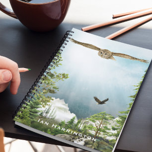 Nature Lover Owl Monogram Name Mountain Landscape Notebook
