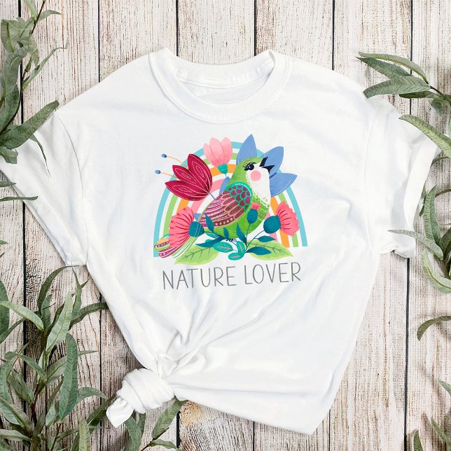 Nature Lover Watercolor Bird Flowers Rainbow Colou T-Shirt (Creator Uploaded)