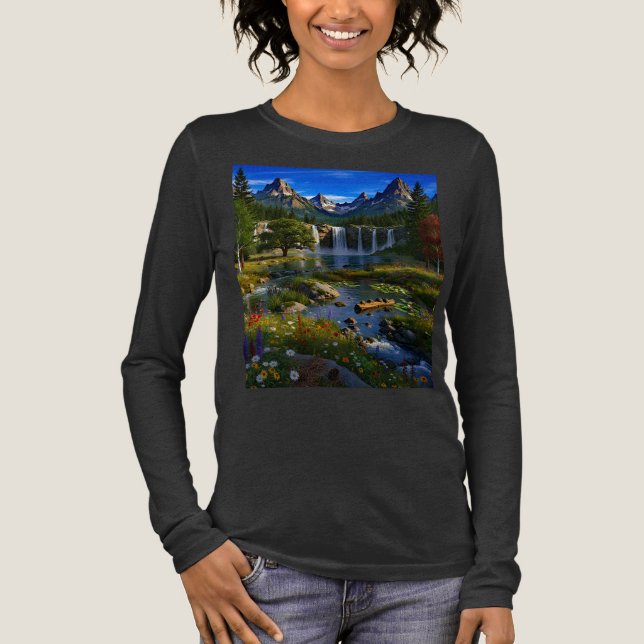 Nature Mountains Waterfalls Lake Pond Wild Flowers Tri-Blend Shirt (Front)
