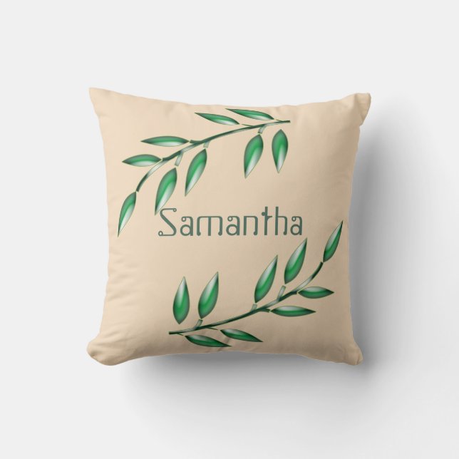 Nature Nursery Green Leaves Baby Name Cushion (Front)