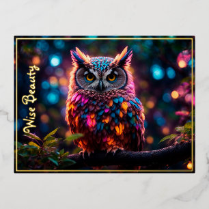 Nature Owl Forest Bird Neon Lovely Trees Feathers Foil Holiday Postcard