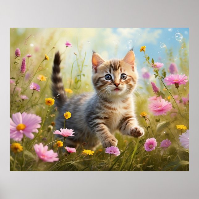 *~* Nature Pink Flowers Kitty 5:4  Kitten Cat AP68 Poster (Front)
