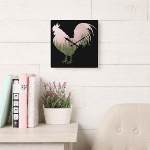 NATURE ROOSTER CHICKEN FOREST STYLE SQUARE WALL CLOCK