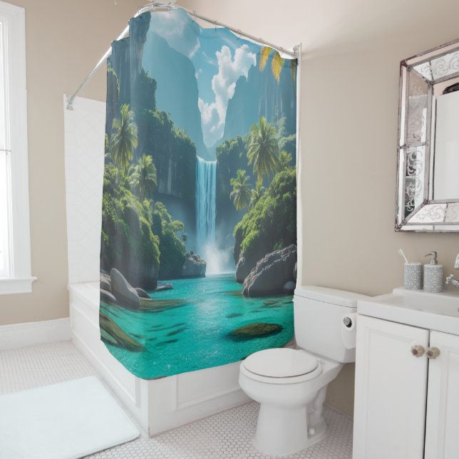 "Nature’s Flow – Breathtaking Waterfall Photo Curt Shower Curtain (In Situ)