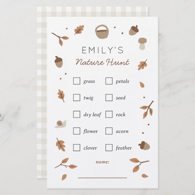 Nature Scavenger Hunt Kids Birthday Checklist Stationery (Front/Back)