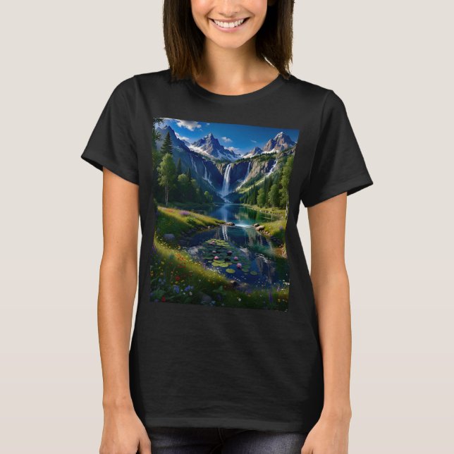 Nature Scene Mountains Waterfalls Lake Pond Trees  T-Shirt (Front)