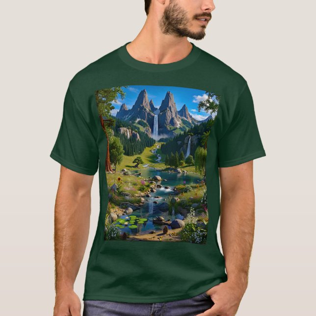 Nature Scene Mountains Waterfalls Trees Lake Pond T-Shirt (Front)