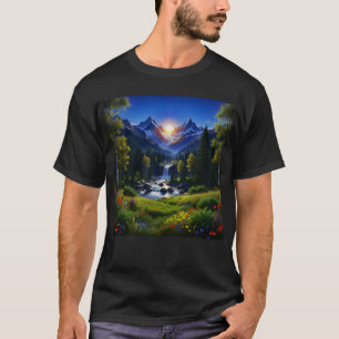Nature Scenery Mountains River Pine Trees Flowers T-Shirt