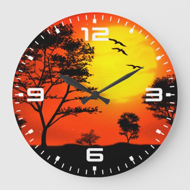 Nature Scenery Sunset Trees Silhouette  Large Clock (Front)