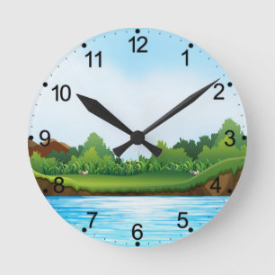 Nature Scenery with Lake and Trees Round Clock