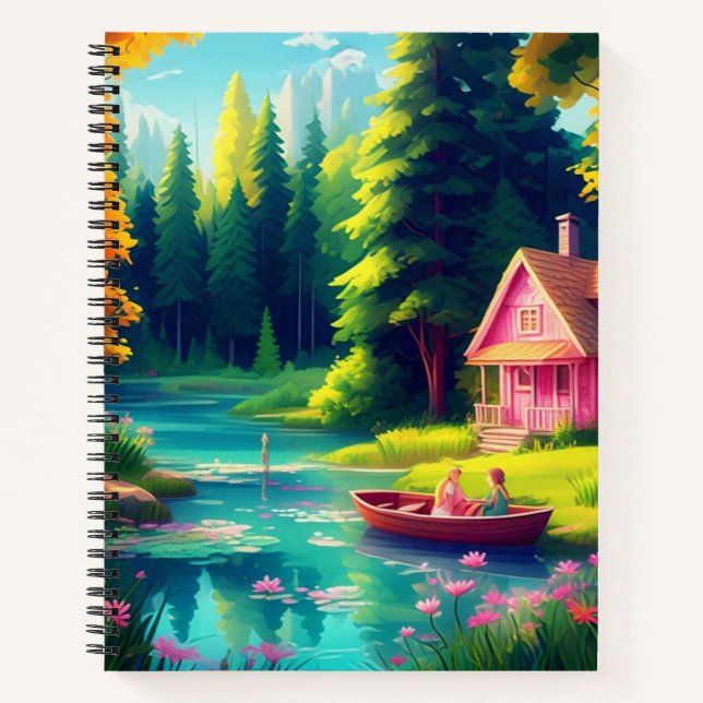 Nature Scenery With Pink Cottage  Notebook (Front)