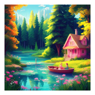 Nature Scenery with Pink Cottage Photo Print