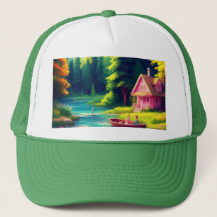 Nature Scenery with Pink Cottage Trucker Hat