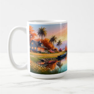 Nature Sunset Painting with Lake, Cottage Coffee Mug