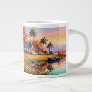 Nature Sunset Painting with Lake, Cottage Large Coffee Mug