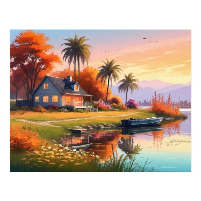 Nature Sunset Painting with Lake, Cottage  Photo Print (Front)