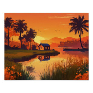 Nature Sunset Painting with Lake, Cottage  Poster