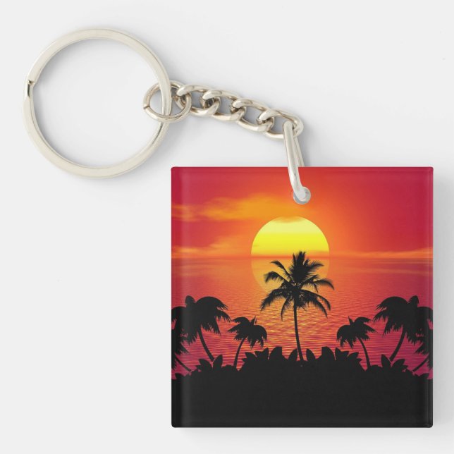Nature Sunset Palm Trees illustration Key Ring (Front)