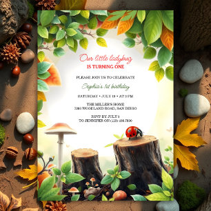 Nature-Themed Woodland Ladybug Girl 1st Birthday Invitation