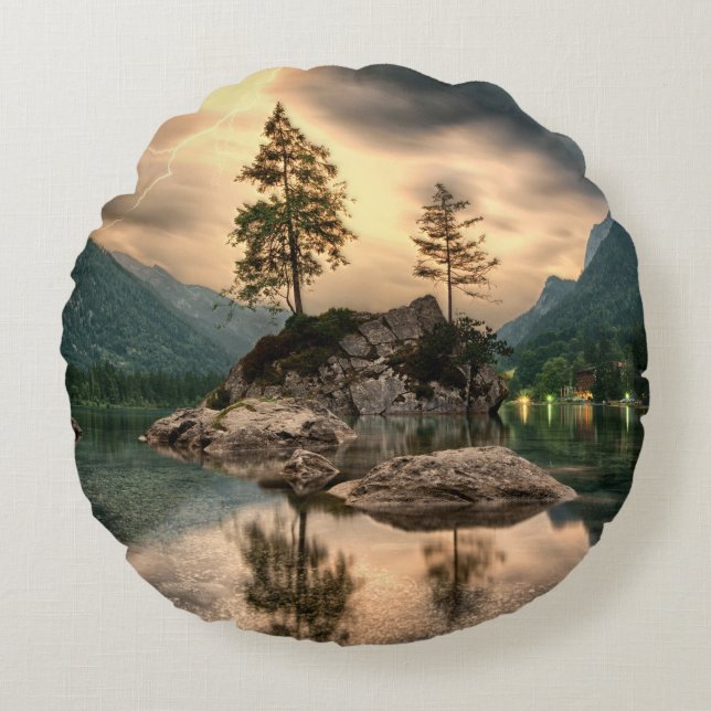 Nature Travels - Water Mountains Landscape Round Cushion (Front)