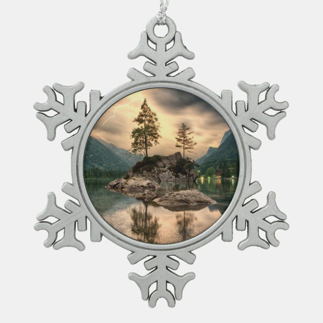 Nature Travels - Water Mountains Landscape Snowflake Pewter Christmas Ornament (Front)