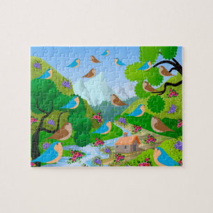 Nature Trees Birds Flowers River House, Age 6 Jigsaw Puzzle