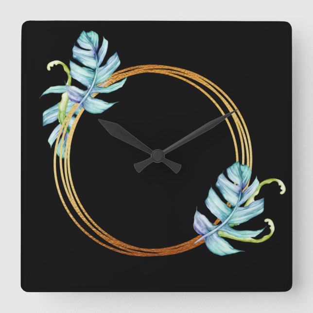 Nature Tropical Blue Gold Monstera Leaf Wreath Square Wall Clock (Front)