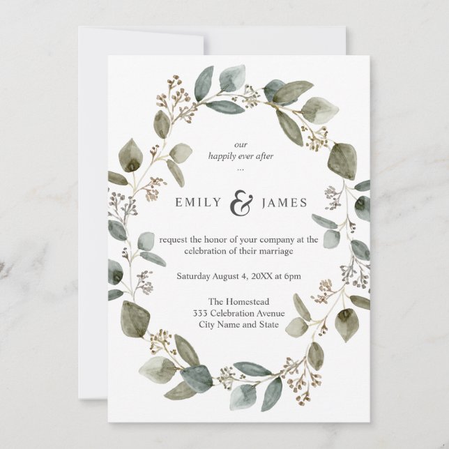Nature Watercolor Eucalyptus Leaves Frame Wedding Invitation (Front)