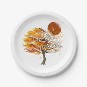Nature Wildlife Full Moon Tree Flock Of Birds Fore Paper Plate