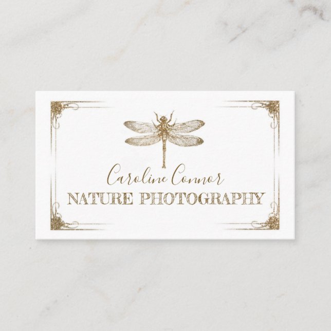 Nature Wildlife Photography Golden Dragonfly Business Card (Front)