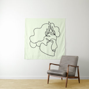 Nature Within – Abstract Botanical Face Line Art Tapestry