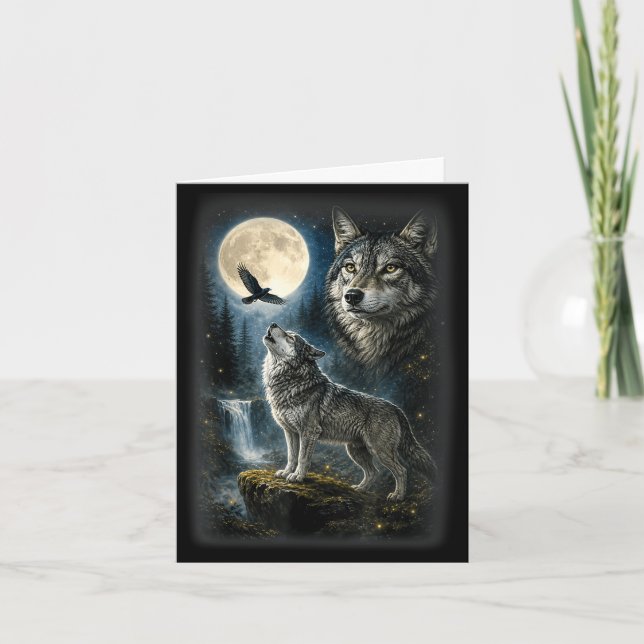 Nature wolf forest trees wolves wild animal moon card (Front)
