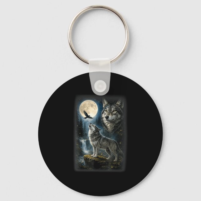 Nature wolf forest trees wolves wild animal moon key ring (Front)
