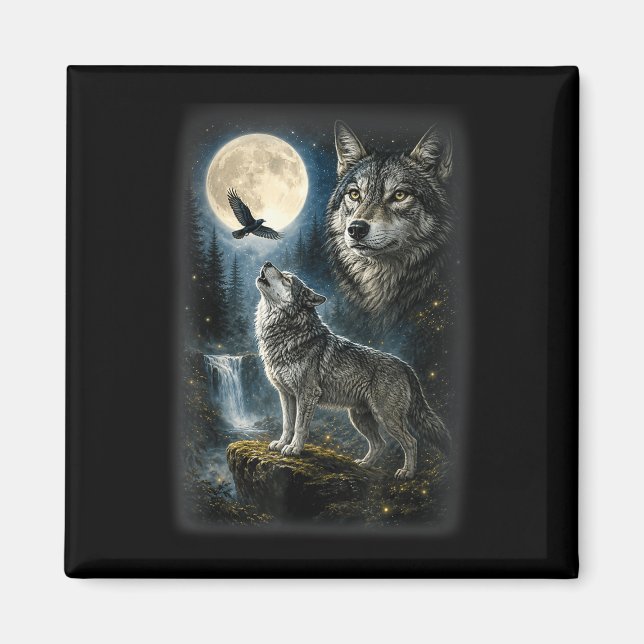 Nature wolf forest trees wolves wild animal moon magnet (Front)