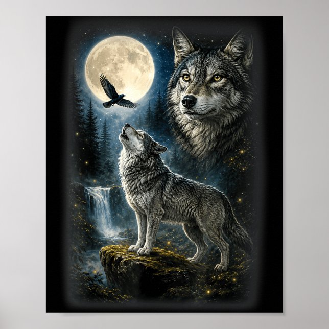 Nature wolf forest trees wolves wild animal moon poster (Front)