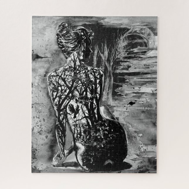 Nature Woman Jigsaw Puzzle Black  White Painting (Vertical)
