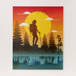 Nature Women Hiking Sunset Jigsaw Puzzle