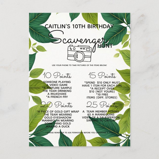 Nature woodland scavenger hunt game party announcement postcard (Front)