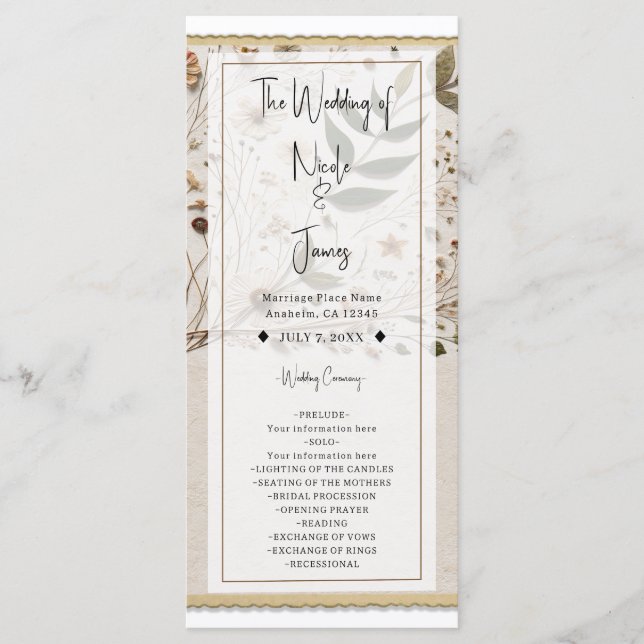 Nature's Beauty Botanical Flowers & Leaves Wedding Programme (Front)