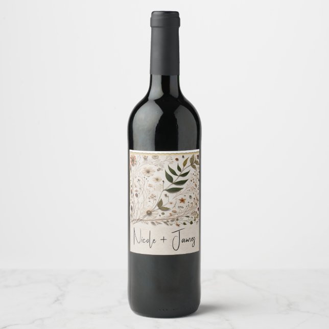 Nature's Beauty Botanical Flowers & Leaves Wedding Wine Label (Front)