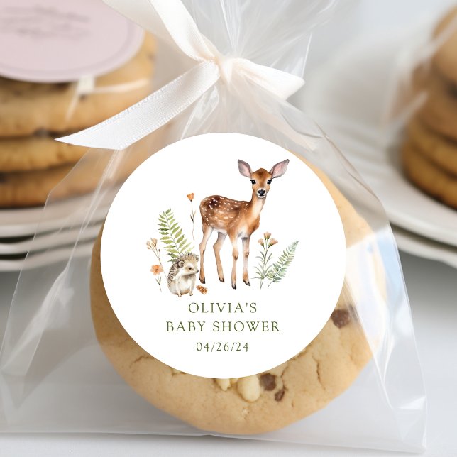 Nature's Delight Deer Baby Shower Classic Round Sticker (Creator Uploaded)