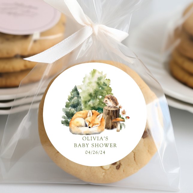 Nature's Delight Fox Baby Shower Classic Round Sticker (Creator Uploaded)