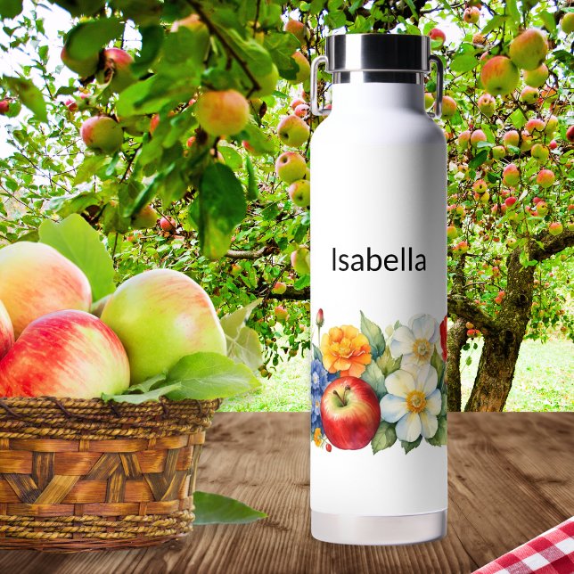 Nature's Fruit and Flowers Apple Marigold Water Bottle (A personalized metal water bottle, with rustic, nature themed design of an apple with flowers)