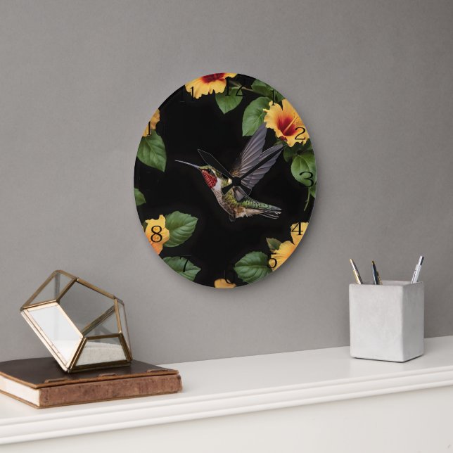 "Nature's Harmony: A Hummingbird Hibiscus Blooms Large Clock (Office)