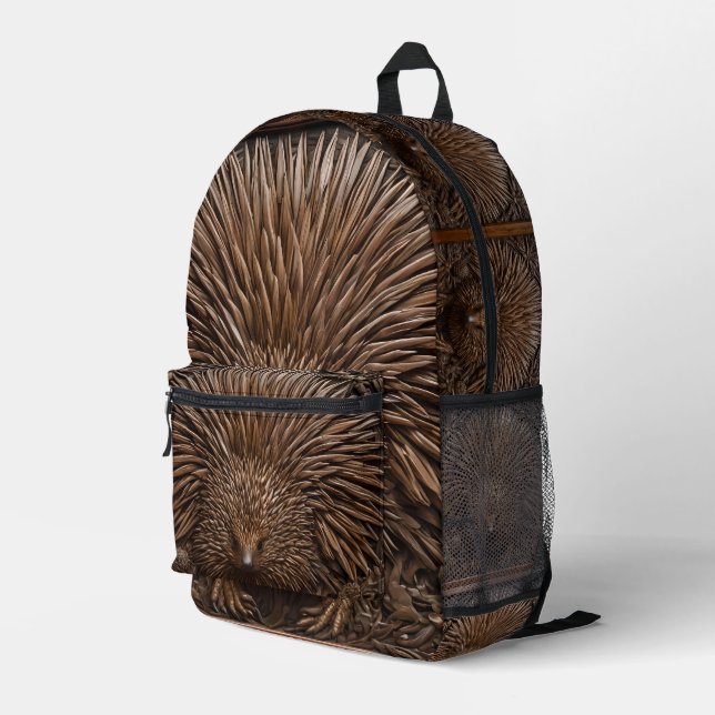 Nature's Quill: The Australian Echidna in Wood, Printed Backpack (Back Corner Right)