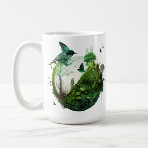 Nature's Symphony Vibrant Green Landscape wth Bird Coffee Mug