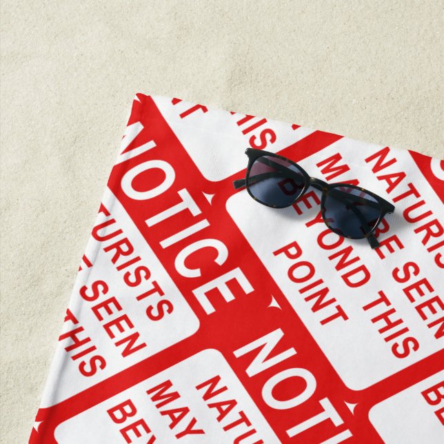 Naturist Beach - Red and White Sign Pattern Towel (In Situ)