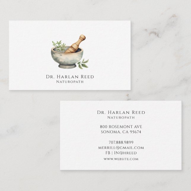 Naturopathic Doctor Watercolor Mortar Pestle Business Card (Front/Back)