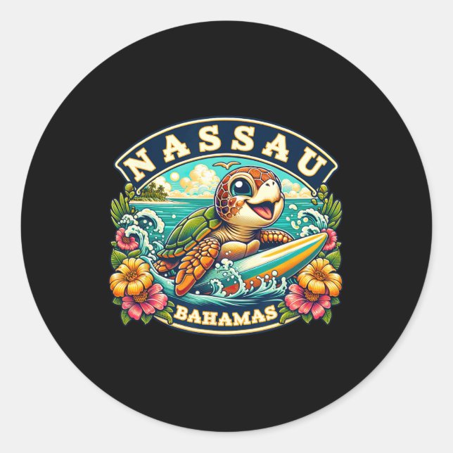 Nau Hamas Cute Sea Turtle Surfing  Classic Round Sticker (Front)